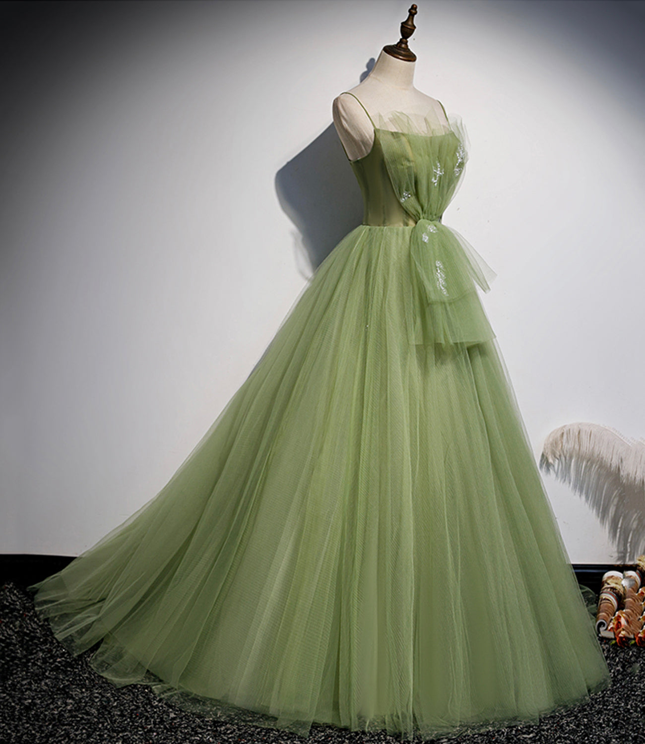 Grünes langes Ballkleid aus Tüll in A-Linie, Abendkleid S56