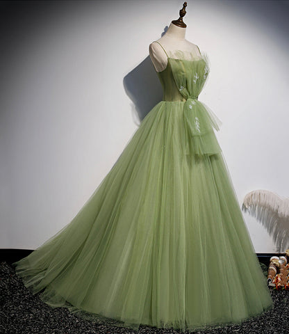 Grünes langes Ballkleid aus Tüll in A-Linie, Abendkleid S56