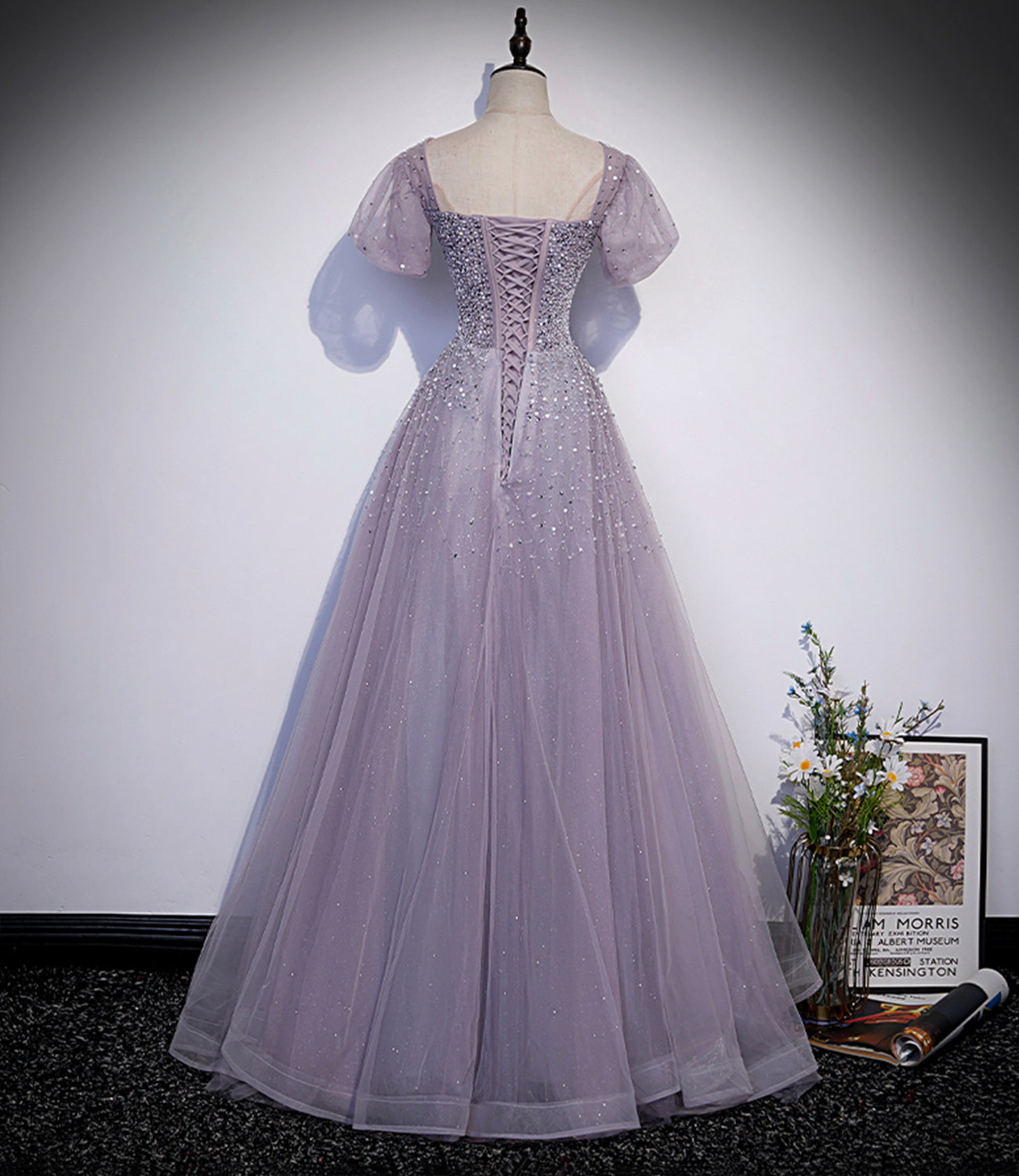 Lila Tüll Perlen langes Ballkleid A-Linie Abendkleid s59