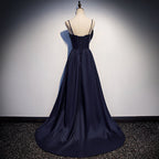 Vestido de fiesta largo de satén azul oscuro, vestido de noche sencillo s93