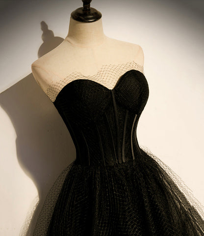 Schwarzes langes A-Linien-Ballkleid aus Tüll, schwarzes Abendkleid S68