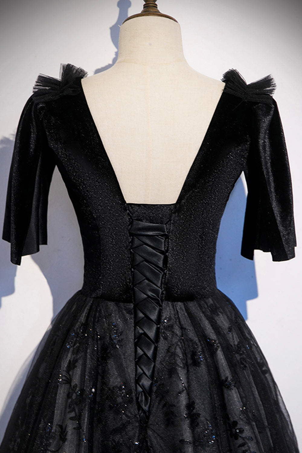 Vestido de fiesta largo de terciopelo negro con encaje, vestido de noche s103