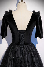 Vestido de fiesta largo de terciopelo negro con encaje, vestido de noche s103