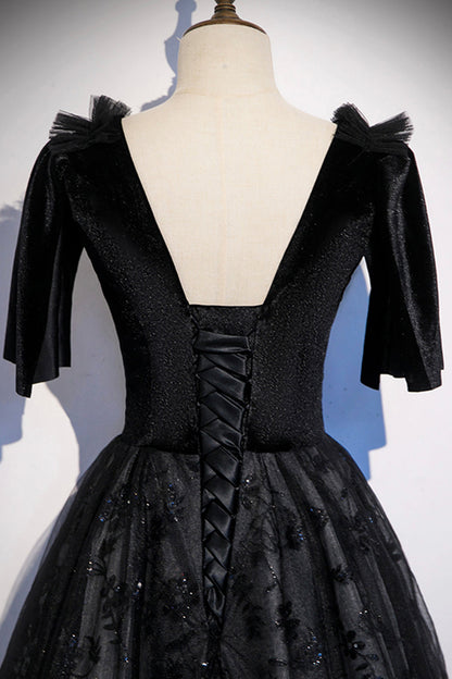 Schwarzes langes Ballkleid aus Samtspitze S103