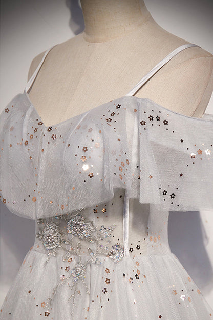 Stilvolles Tüll Pailletten langes A-Linie Ballkleid Abendkleid s71