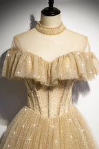 Vestido largo de fiesta con lentejuelas doradas, corte A, talla 78