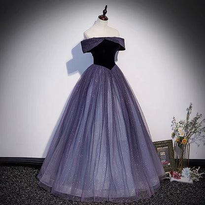 Lila Tüll langes Ballkleid A-Linie Abendkleid s66