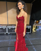Funkelnde Meerjungfrau Sweetheart Rote Pailletten Langes Ball-/Abendkleid mit Schlitz Y1312