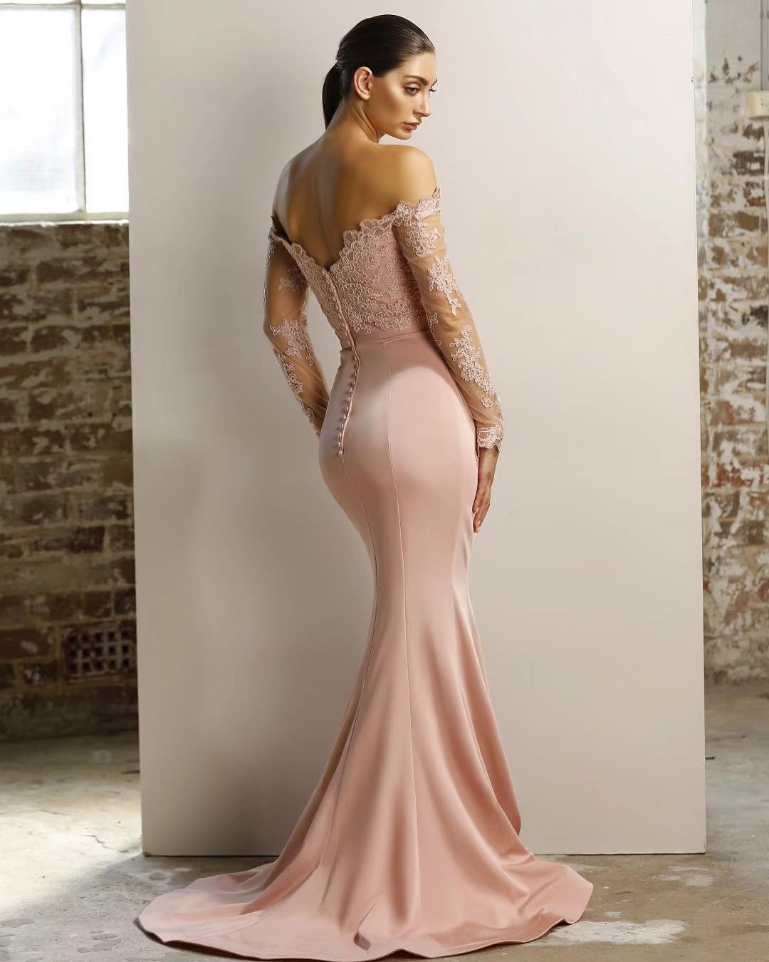 Long Sleeves Lace Prom Dress Off the Shoulder Bridesmaid Dress