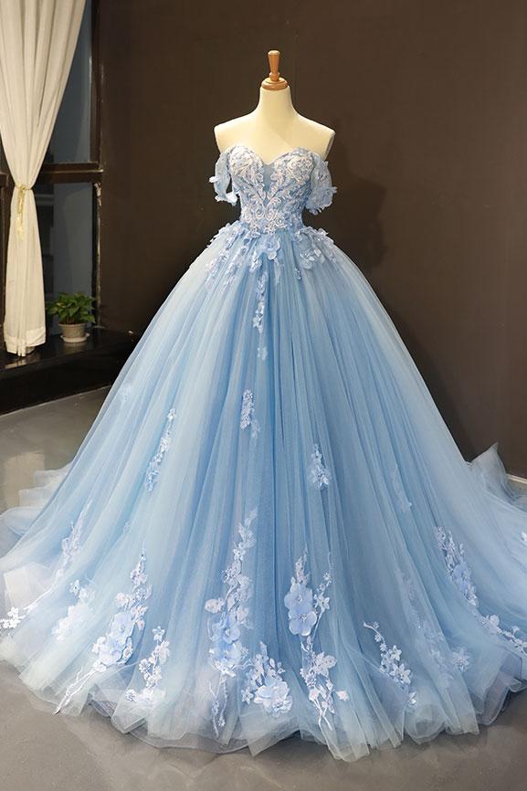 Vestido de fiesta elegante con apliques de encaje azul y hombros descubiertos Y1578