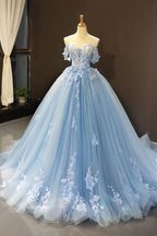 Vestido de fiesta elegante con apliques de encaje azul y hombros descubiertos Y1578