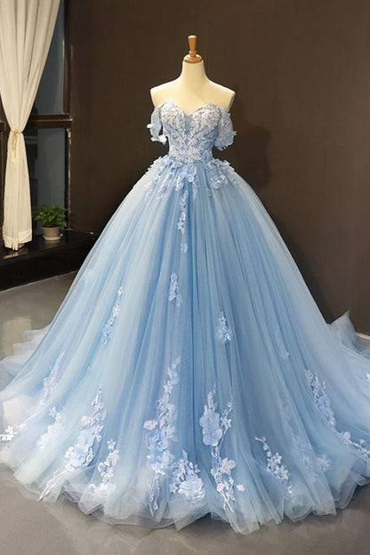Blue lace applique elegant off the shoulder ball gown Y1578