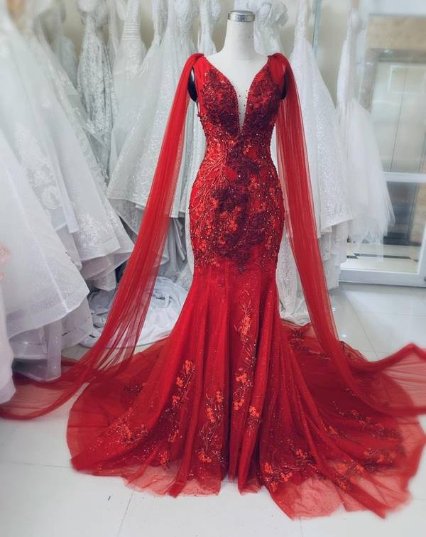 Einzigartiges rotes Vintage-Hochzeitskleid, Prinzessin-Brautkleid, Meerjungfrau-Abschlussballkleid Y1573