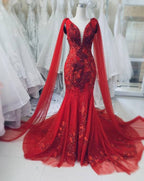 Einzigartiges rotes Vintage-Hochzeitskleid, Prinzessin-Brautkleid, Meerjungfrau-Abschlussballkleid Y1573