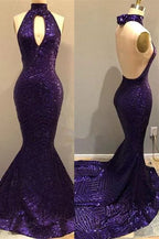 Lila Pailletten Sexy Open Back Ballkleider | Meerjungfrau Schlüsselloch Abendkleider Y1529