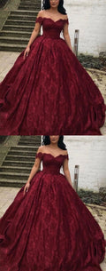Charmantes Burgunderrotes Ballkleid mit schulterfreier Spitze Brautkleider Y1564