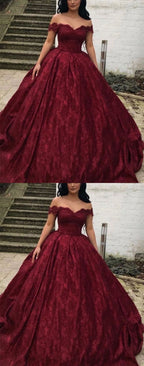 Charmantes Burgunderrotes Ballkleid mit schulterfreier Spitze Brautkleider Y1564