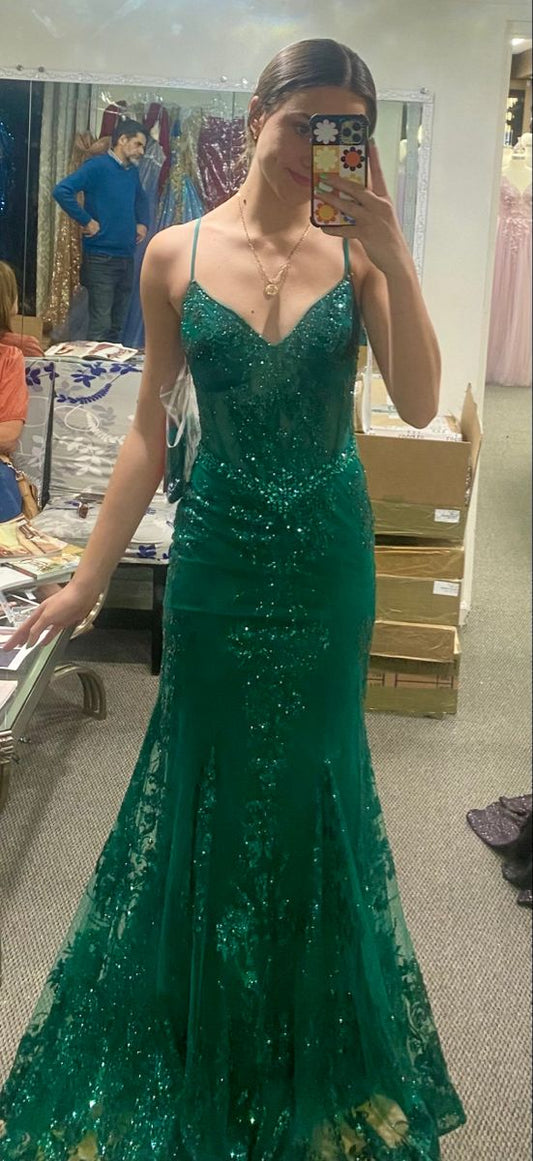 Sexy Meerjungfrau Spaghettiträger Ballkleider Grün Applikationen Abendkleider Y1852
