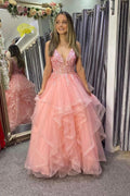 Vestidos de fiesta largos de encaje con escote en V en rosa, vestidos de noche rosas de corte A Y1885