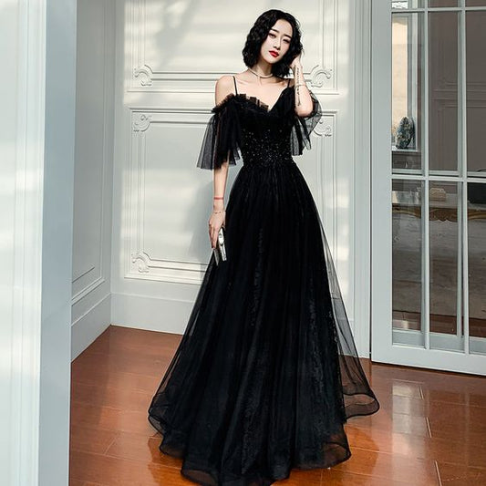 Schwarzes langes Ballkleid aus Tüllspitze, schwarzes Abendkleid Y1894