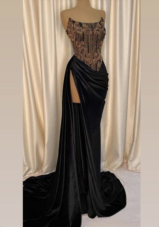 Schwarzes trägerloses langes Abendkleid, schickes schwarzes Ballkleid mit hohem Schlitz, schwarzes Galakleid Y1903