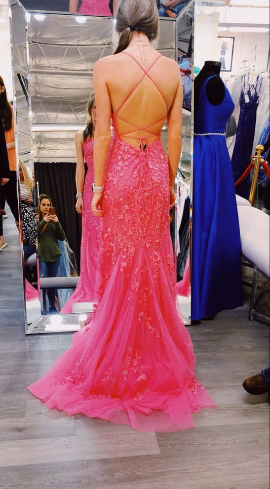 Meerjungfrau Hot Pink Spitze Lange Ballkleider, Hot Pink Meerjungfrau Abendkleider, Hot Pink Spitze Abendkleid Y1888