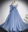 Blaues langes A-Linien-Ballkleid aus Tüll, blaues Abendkleid S51