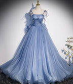 Blaues langes A-Linien-Ballkleid aus Tüll, blaues Abendkleid S51