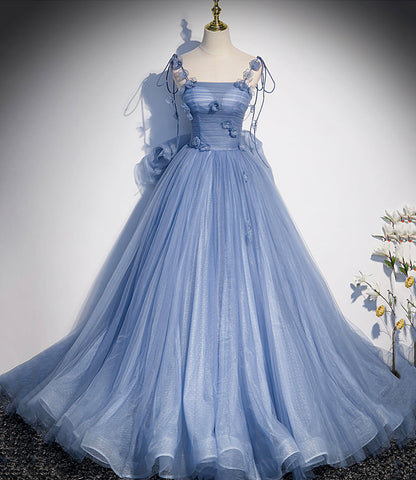 Blaues langes A-Linien-Ballkleid aus Tüll, blaues Abendkleid S51