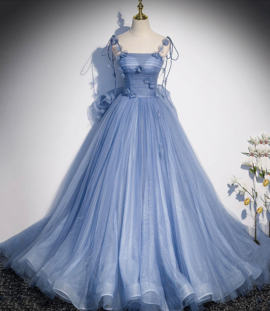 Blaues langes A-Linien-Ballkleid aus Tüll, blaues Abendkleid S51