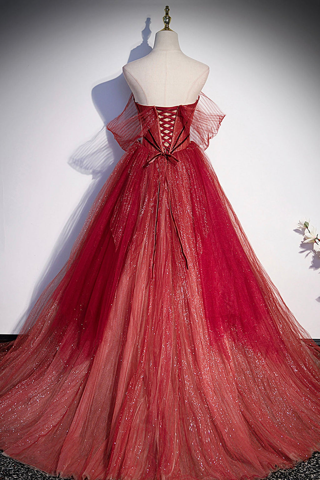 Burgunderrotes langes Ballkleid mit Tüll und Pailletten in A-Linie, Abendkleid S55