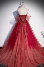 Burgunderrotes langes Ballkleid mit Tüll und Pailletten in A-Linie, Abendkleid S55