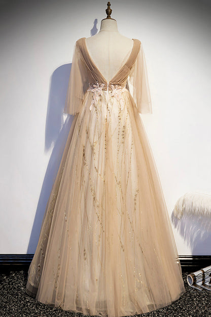 Champagner V-Ausschnitt Spitze langes Ballkleid A-Linie Abendkleid s77