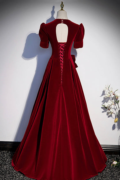 Burgunderrotes langes Ballkleid mit V-Ausschnitt, A-Linie, Abendkleid S54