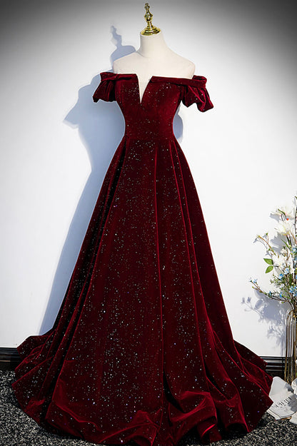Burgunderrotes langes Ballkleid aus Samt in A-Linie, Abendkleid S53