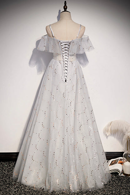 Stilvolles Tüll Pailletten langes A-Linie Ballkleid Abendkleid s71