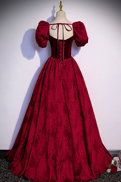 Burgunderrotes langes Ballkleid aus Samt-Jacquard, Abendkleid S89