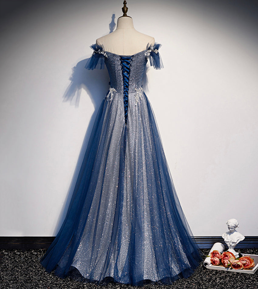 Vestido de fiesta largo de tul brillante con lentejuelas, vestido de noche azul s102