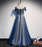 Vestido de fiesta largo de tul brillante con lentejuelas, vestido de noche azul s102