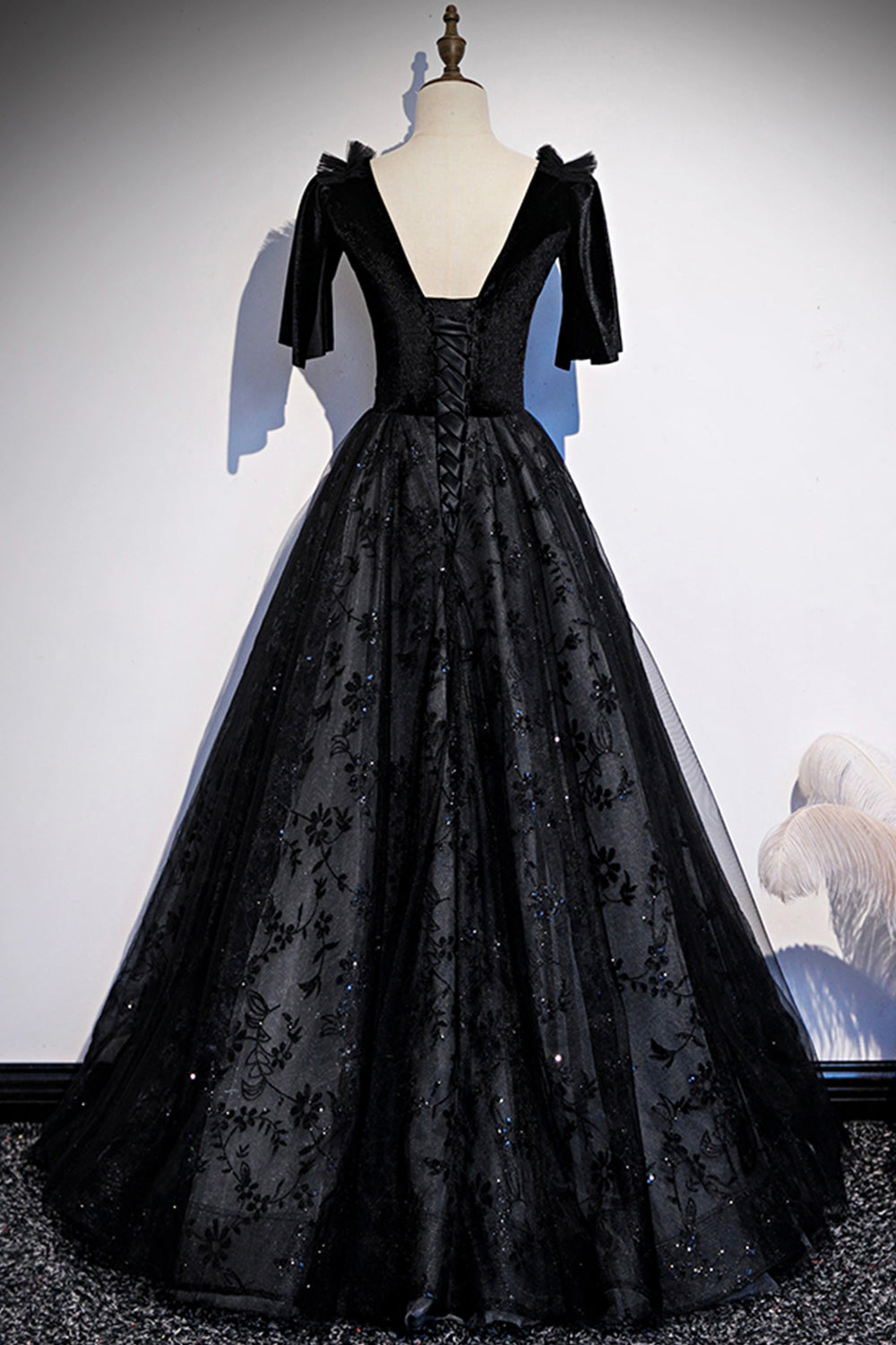 Vestido de fiesta largo de terciopelo negro con encaje, vestido de noche s103