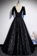 Vestido de fiesta largo de terciopelo negro con encaje, vestido de noche s103