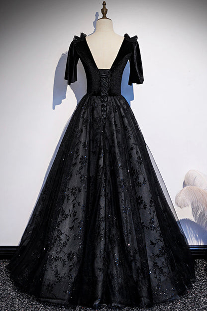 Schwarzes langes Ballkleid aus Samtspitze S103
