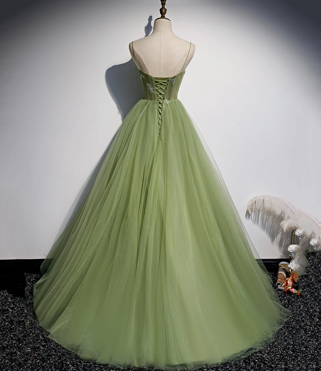 Grünes langes Ballkleid aus Tüll in A-Linie, Abendkleid S56