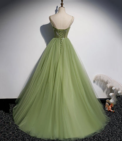 Grünes langes Ballkleid aus Tüll in A-Linie, Abendkleid S56