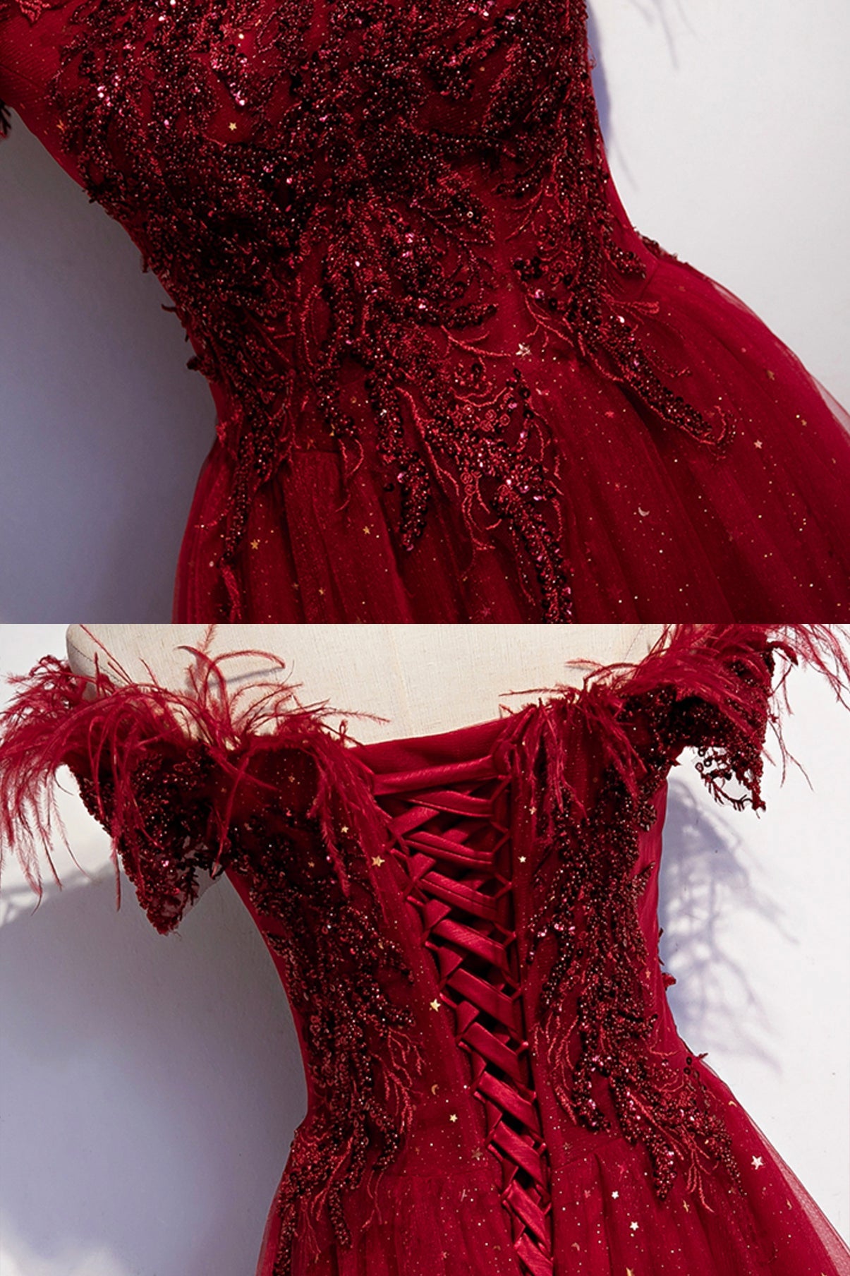 Burgunder Tüll Pailletten langes A-Linie Ballkleid Abendkleid S69