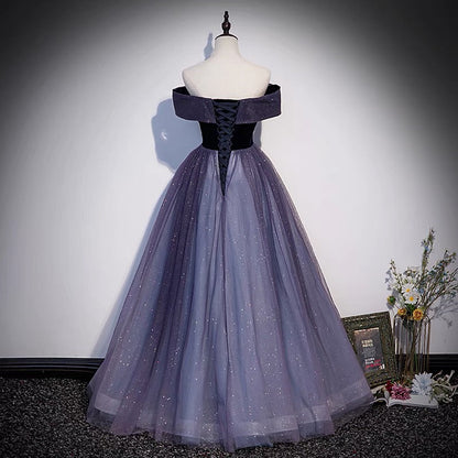 Lila Tüll langes Ballkleid A-Linie Abendkleid s66