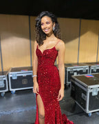 Funkelnde Meerjungfrau Sweetheart Rote Pailletten Langes Ball-/Abendkleid mit Schlitz Y1312