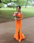 Elegante Meerjungfrau Orange Pailletten Langes Abendkleid Formale Abendkleider Y1307