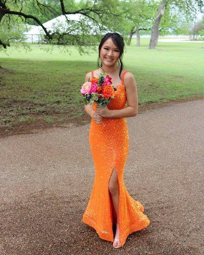Elegante vestido de fiesta largo con lentejuelas naranjas y corte sirena, vestidos de noche formales Y1307
