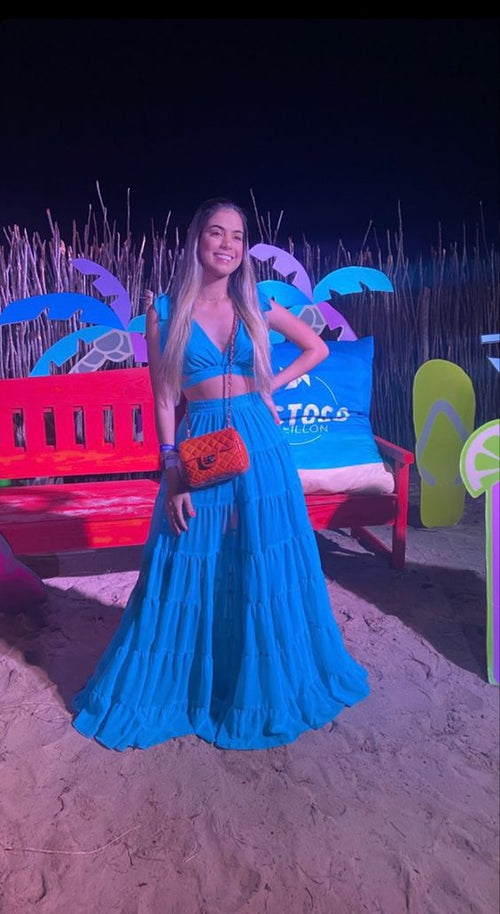 Vestido de noche azul de dos piezas, vestido playero azul sexy Y1327